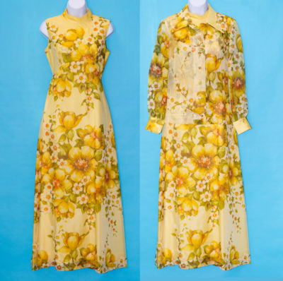 Vintage 1970s Goldenrod Floral Maxi Dress and Jacket Set