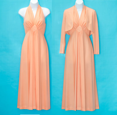 Vintage 1970s Peach Maxi Dress with Bolero Jacket