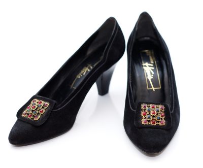 Vintage Jeweled Black Suede Pumps Shoes | Size 7 1/2