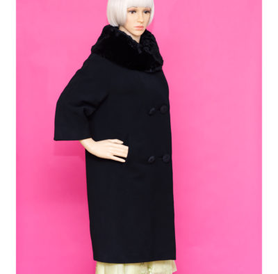 Vintage 1950s Black Faux Fur Collar Wool Coat