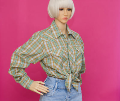 Vintage 1970s Green Plaid Western Shirt