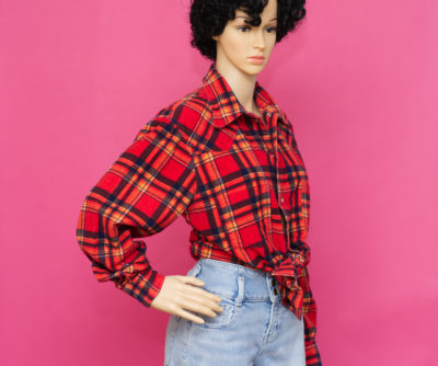 Vintage Reddish Orange Plaid Flannel with Pearl Snaps