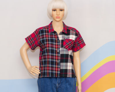 Vintage 1980s Cropped Plaid Patchwork Flannel Shirt