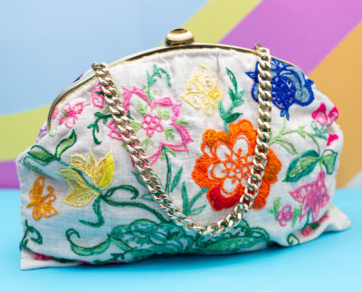 Vintage 1960s Embroidered Floral Handbag with Chain Strap