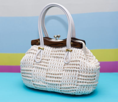 Vintage 1960s Woven Handbag with Wood