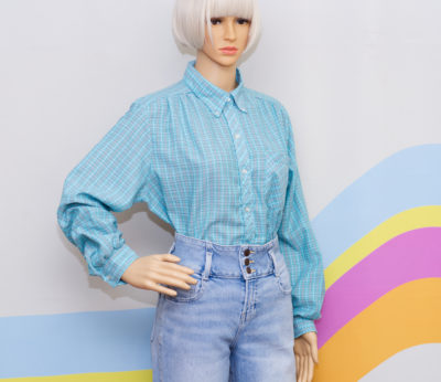 Vintage 1980s Aqua Plaid Button-Up Shirt