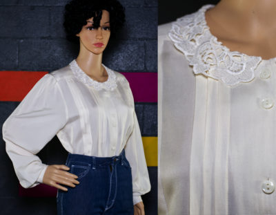 Vintage 1980s Lace Collar Ivory Blouse