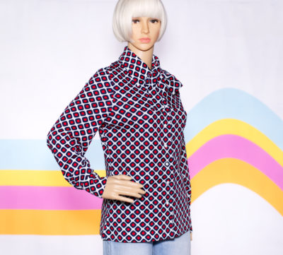Vintage 1970s Navy & Red Patterned Bow Top