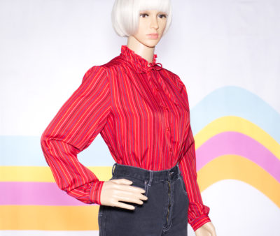 Vintage 1970s Red Pinstriped High Neck Blouse