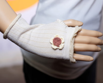 Cream and Brown Ruffled Fingerless Gloves