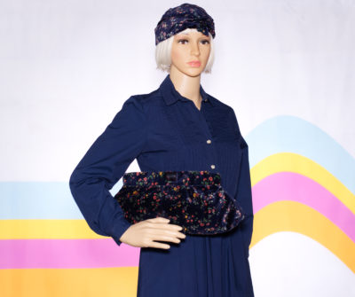 Vintage Dark Blue Floral Velvet Clutch and Hat Set