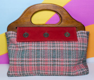 Vintage 1970s Plaid Wood Handle Handbag