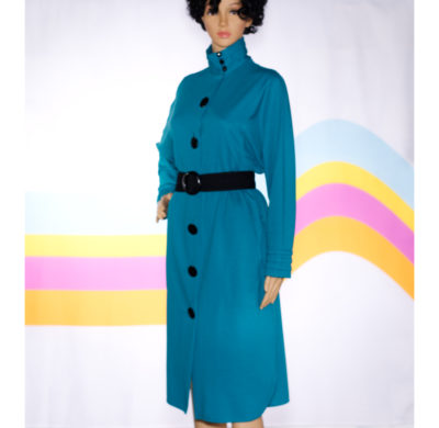 Vintage 1980s Turquoise High Neck Dress with Large Buttons