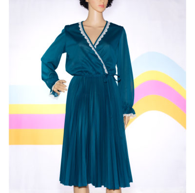 Vintage 1970s Teal Blue Pleated Dress