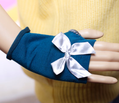 Teal with Silver Bow Fingerless Gloves