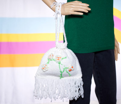 Vintage White Crochet Handbag with Flowers and Fringe