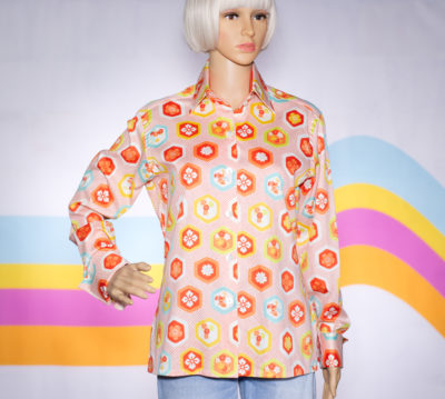 Vintage Orange and Aqua Print Cuffed Button-Up Shirt