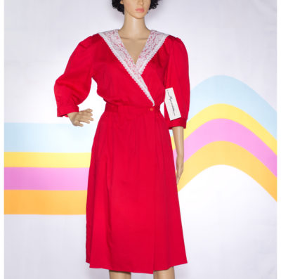Vintage 1980s Red Dress with Lace Collar | New Old Stock