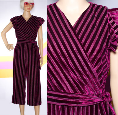 Vintage Purple Velvet Jumpsuit with Flutter Sleeves