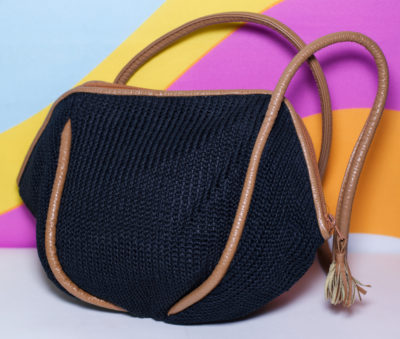 Vintage 80s/90s Black Woven Shoulder Bag with Leather Trim
