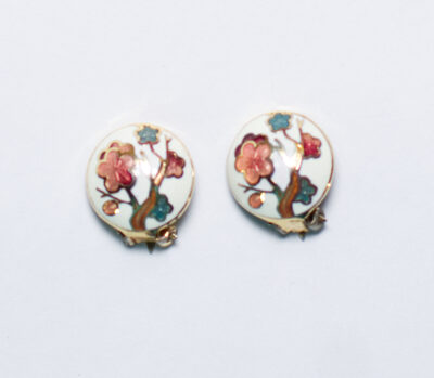 Vintage Floral Cloisonné Button Clip Earrings