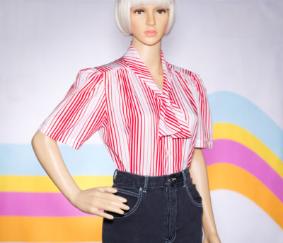 Vintage 1970s Red White Striped Scarf Collar Blouse