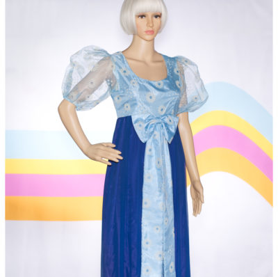 Vintage 1960s Blue Daisy Maxi Dress with Puff Sleeves