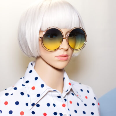 Oversized Round Gold Wire Frame Blue Lens Sunglasses