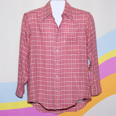 Vintage 1970s Red Plaid Long Collar Shirt